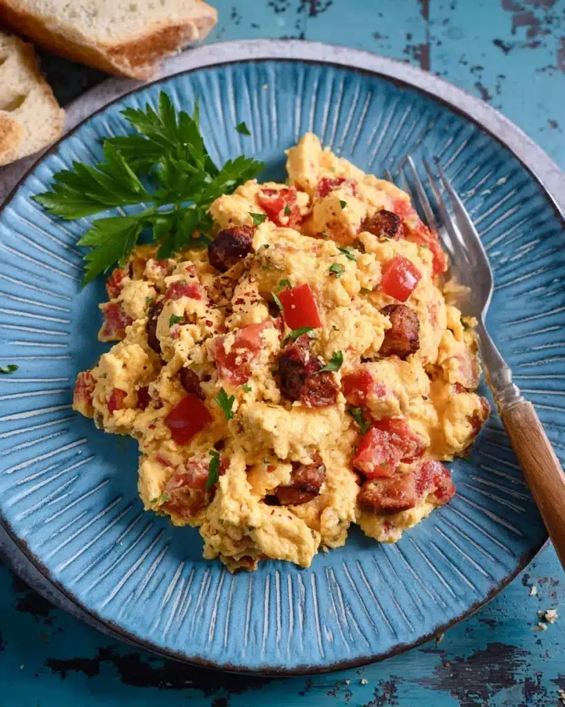 Scrambled Eggs With Greek Sausage, Tomatoes, And Cheese Recipe