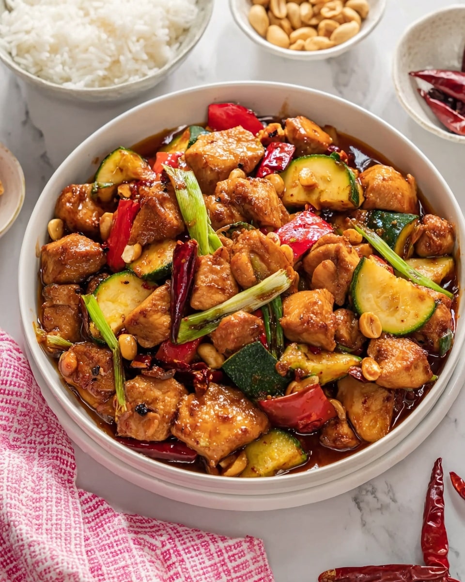 The dish shows many chunks of brown cooked chicken mixed with green zucchini slices, red bell pepper pieces, and green onion stalks all covered in a shiny brown sauce. There are whole dried red chili peppers and golden peanuts scattered throughout. The food is served in a white bowl placed on a white marbled surface. Around the bowl, there is a small white bowl with white rice, a white bowl with peanuts, and another white bowl with dried chilies. A pink and white checkered cloth is partially visible near the front. Photo taken with an iphone --ar 4:5 --v 7