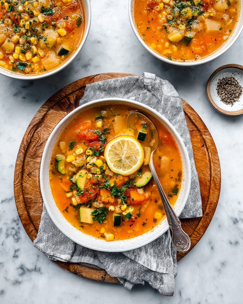 The image shows three bowls of vegetable soup placed on a white marbled surface. The main bowl is white and sits on a round wooden board with scratched textures, with a gray and white striped cloth under the bowl. This bowl contains an orange broth with visible pieces of corn, carrots, zucchini, tomatoes, and bits of green herbs, topped with a lemon slice and more chopped herbs. A silver spoon rests inside the bowl. Two other white bowls with similar soup are partially visible, garnished with chopped herbs and black pepper. Near the top right, a small plate with black pepper and a tiny spoon can be seen. The photo taken with an iphone --ar 4:5 --v 7