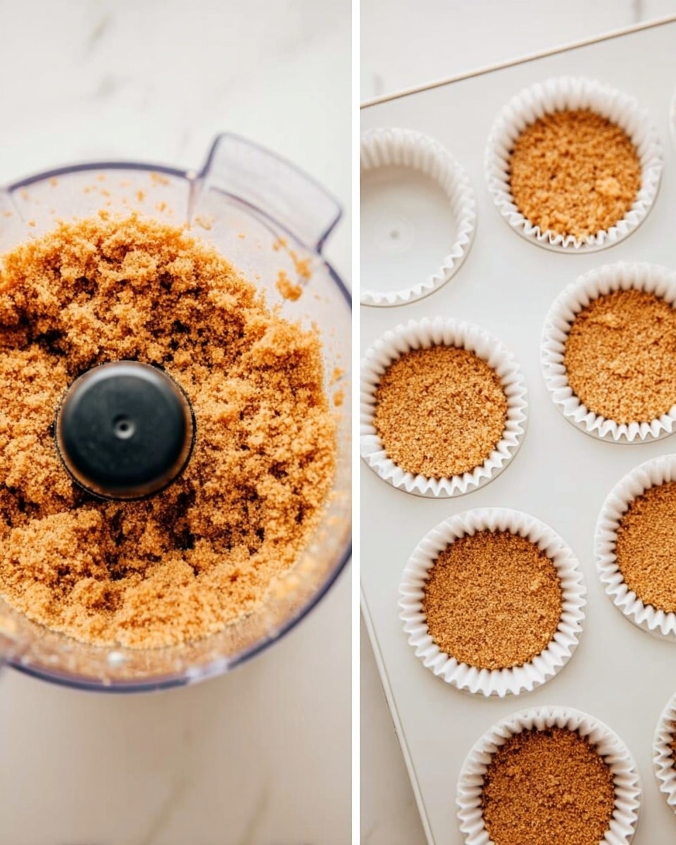The image shows two parts: on the left, a clear food processor bowl filled with a crumbly, light brown mixture with a slightly rough and dry texture. The food processor is placed on a white marbled surface. On the right, a white cupcake tray with white paper liners is arranged on the same white marbled surface. Each paper liner holds the same light brown crumbly mixture pressed down evenly, showing a compact texture with a few small cracks on top. The overall look is neat and ready for the next baking step. Photo taken with an iphone --ar 4:5 --v 7