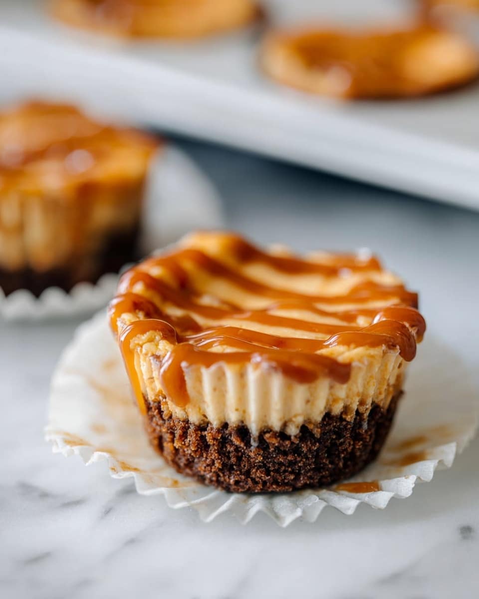 A close-up view of a single small cheesecake cupcake sitting in a white cupcake liner on a white marbled surface. The bottom layer is a thick, crumbly, dark brown crust. The middle layer is creamy, light orange cheesecake filling with a smooth texture. The top is drizzled with a glossy, caramel-colored sauce in thin, uneven lines. In the blurred background, there is a white cupcake tray with more cheesecake cupcakes inside. Photo taken with an iphone --ar 4:5 --v 7