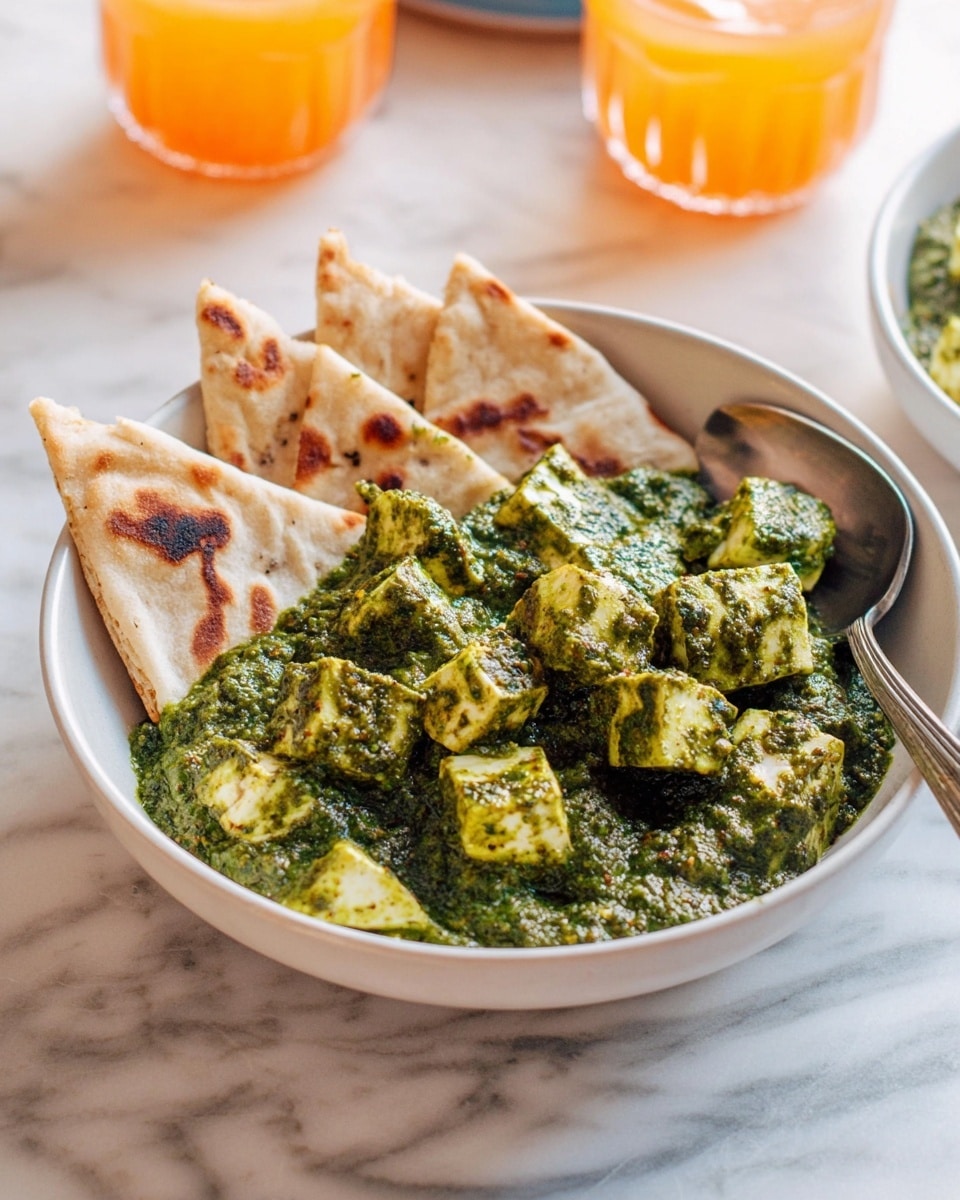 A white bowl on a white marbled surface holds a dish with two main layers: the bottom layer is folded, triangular pieces of flatbread with light brown toasted spots, arranged on one side of the bowl; the top layer is green sauce-covered cubes of paneer cheese, giving a thick, textured look with a mix of dark and light green shades. A silver spoon rests inside the bowl, leaning on the edge near the flatbread. Two clear glasses with an orange beverage are seen blurred in the background. Photo taken with an iphone --ar 4:5 --v 7