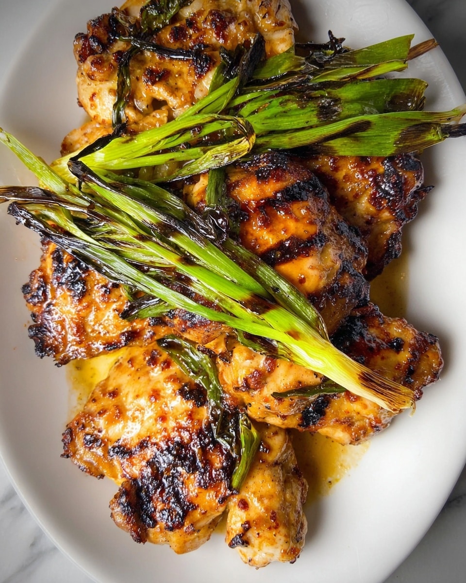 The image shows a white plate with several pieces of grilled chicken thighs that have golden brown and slightly charred spots, with a shiny glaze that suggests a marinade or sauce. The chicken pieces are uneven in size and stacked close together on the plate. On top of the chicken, there are whole grilled green onions with dark grill marks and a mix of bright green and blackened areas, adding contrast and texture. The plate sits on a white marbled surface. photo taken with an iphone --ar 4:5 --v 7