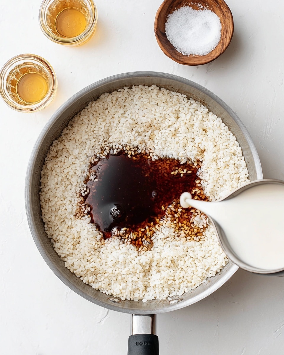 A silver pan with a black handle sits on a white marbled surface, filled about halfway with small white rice grains. In the middle of the rice, there is a dark brown liquid spread unevenly, with a white creamy liquid being poured in from the right side, blending into the brown layer. On the top left corner of the image, two small glass containers hold a golden liquid and white salt, and a small wooden bowl filled with salt is nearby. The scene has a clean, bright look with soft shadows. Photo taken with an iphone --ar 4:5 --v 7