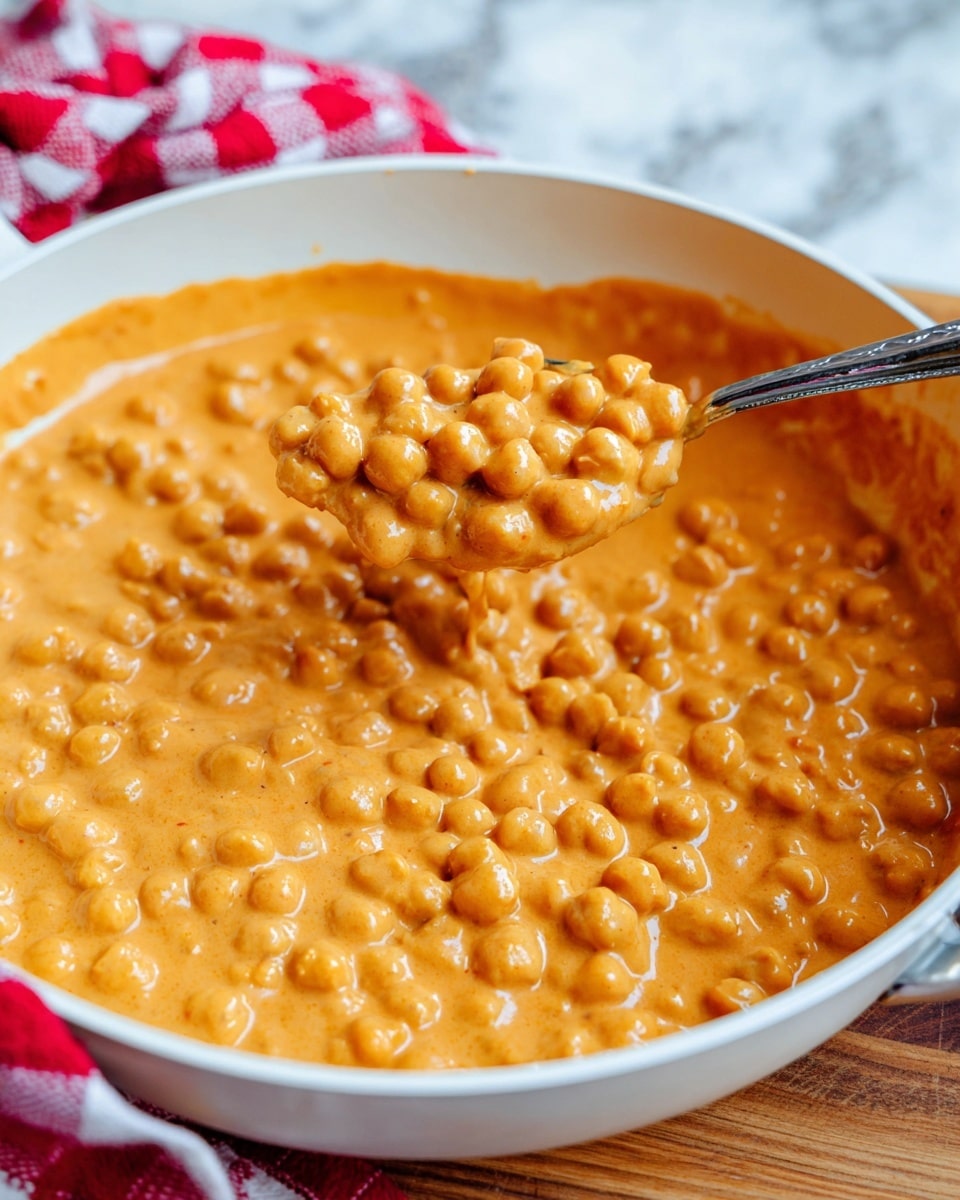 A close-up view of a white pan filled with a creamy orange sauce with many small round chickpeas mixed evenly throughout. A silver spoon lifts a scoop of the thick sauce and chickpeas from the pan, showing the sauce’s smooth texture with evenly coated chickpeas. The pan sits on a wooden surface with a red and white checkered cloth blurred in the background, against a white marbled texture photo taken with an iphone --ar 4:5 --v 7