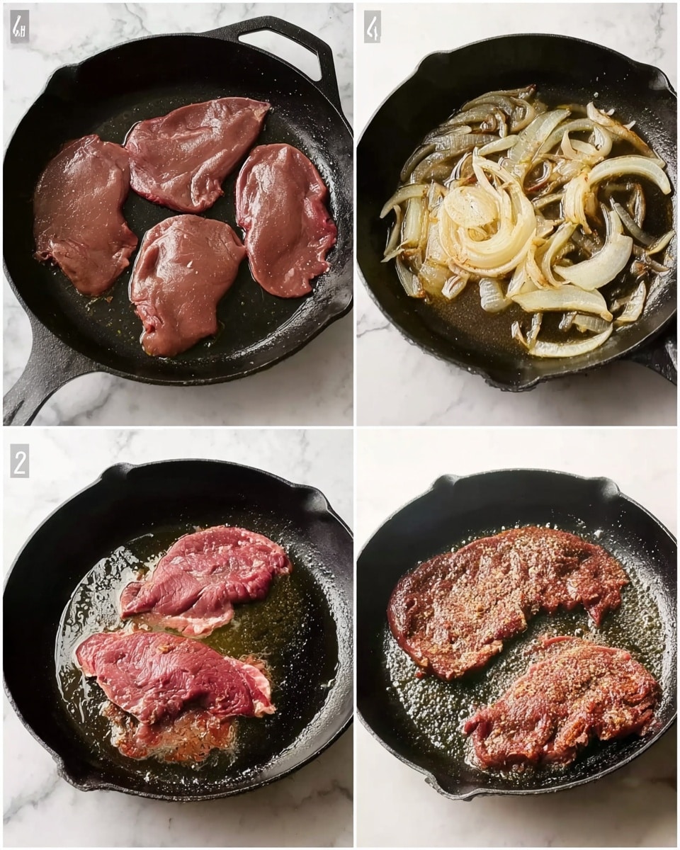 The image shows four panels of cooking liver in a black cast iron skillet on a white marbled surface. The first panel displays four pieces of raw liver laid flat, with a brownish-red color and a smooth texture. The second panel shows thinly sliced onions being sauteed in the skillet, with a light golden color and some browning spots. The third panel captures two pieces of liver cooking in hot oil, with a pinkish-red raw center and darker edges beginning to brown. In the fourth panel, the liver is cooked more fully, showing a browned and slightly crispy outer layer with a textured surface while still sizzling in the skillet. photo taken with an iphone --ar 4:5 --v 7