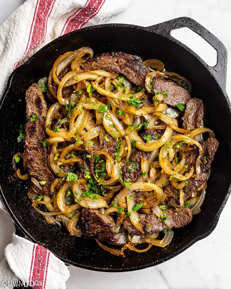 A black cast iron pan sits on a white marbled surface, filled with several thin, brown cooked liver slices at the bottom. On top of the liver slices, a generous layer of golden brown sautéed onion strips spreads across the pan. Small bits of fresh green parsley are scattered evenly over the onions, adding a touch of color. A white and red striped towel is partially visible behind the pan, contrasting with the dark pan and bright food inside it. photo taken with an iphone --ar 4:5 --v 7