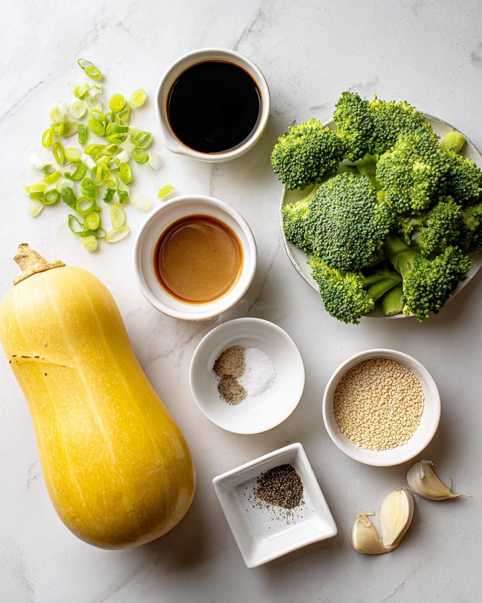 A collection of ingredients arranged on a white marbled surface, including a whole yellow spaghetti squash on the bottom left, chopped green onions scattered near the top left, and several bright green broccoli florets grouped on the right side. Four small white bowls hold different items: a dark soy sauce in the top left bowl, a light brown sauce in the top right bowl, white salt in the center bowl, and black pepper in the bottom left bowl. A small square white bowl at the bottom right contains light tan sesame seeds. Four garlic cloves, some partially peeled, are placed near the center. photo taken with an iphone --ar 4:5 --v 7