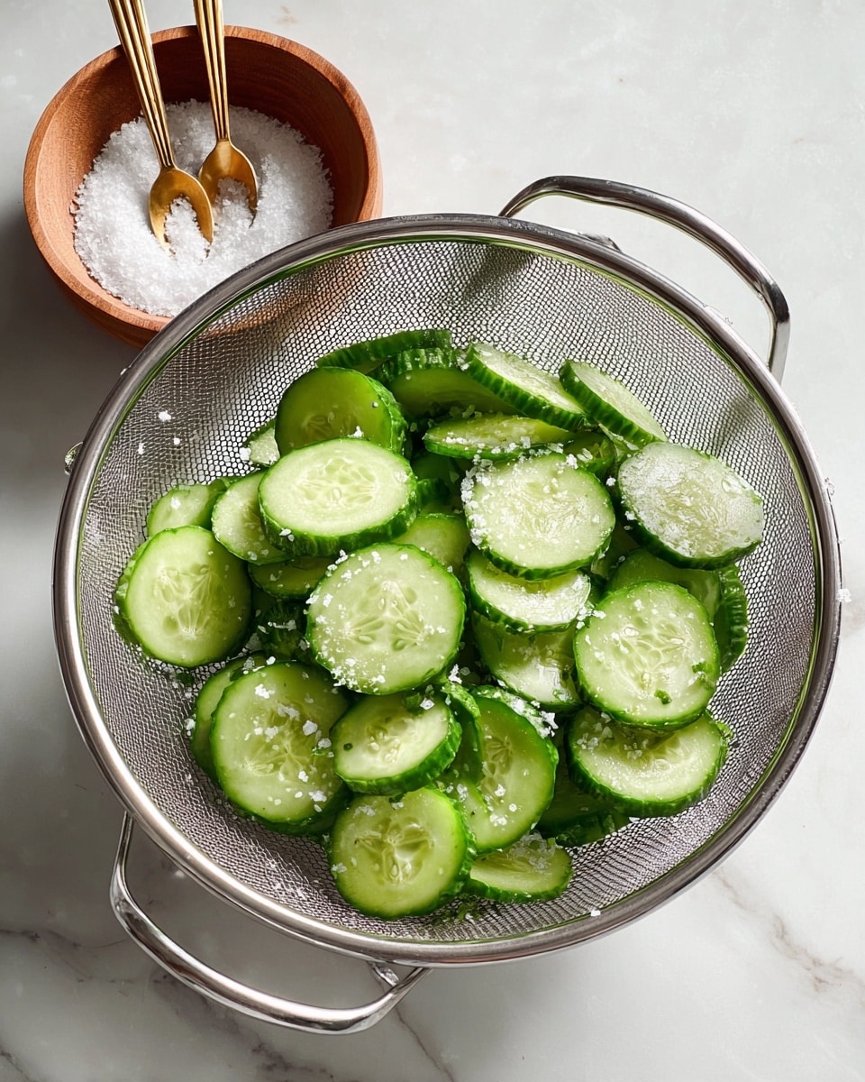 A silver metal colander holds thick slices of bright green cucumber, layered in a single pile filling most of the colander. The cucumbers have visible seeds and a fresh, moist texture. Scattered on top of the cucumbers are small, white grains of salt that glisten slightly. Above the colander, in the top left corner, a small round wooden bowl filled with coarse white salt sits on a white marbled surface, accompanied by two small golden spoons resting in the bowl. The scene is lit softly, highlighting the fresh green and the textured salt. photo taken with an iphone --ar 4:5 --v 7