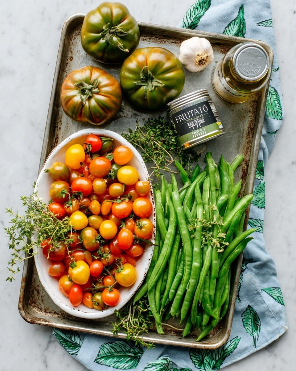 A metal tray holds several fresh vegetables and herbs arranged in groups on a white marbled surface. On the left, a white oval dish is filled with small round tomatoes in yellow, orange, and red shades, with a few green herb sprigs placed on and around them. Behind the dish, there are three larger greenish-brown striped tomatoes, and a single bulb of garlic sits on the top right edge of the tray. To the right side of the tray, there is a pile of long, fresh green beans, topped with more green herb sprigs. At the top right corner of the tray sits a small silver tin container of olive oil labeled FRUTTATO. The tray is placed over a soft blue cloth with a leaf pattern. Photo taken with an iphone --ar 4:5 --v 7