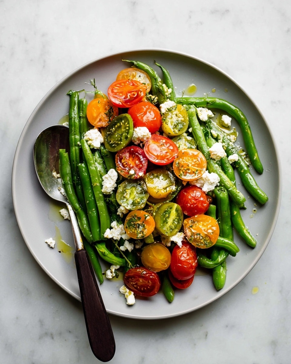 A white plate holds a fresh salad arranged in two main layers. The bottom layer is made of whole, bright green beans spread evenly across the plate with a shiny, fresh texture. On top of them, there is a colorful mix of halved tomatoes in red, yellow, and green shades, showing their juicy, smooth inside. Small white crumbles of cheese are scattered over the tomatoes, adding a soft texture contrast. A silver spoon with a dark brown handle rests on the left side of the plate. The plate is placed on a white marbled surface with a few drops of oil glistening around the edges. Photo taken with an iphone --ar 4:5 --v 7