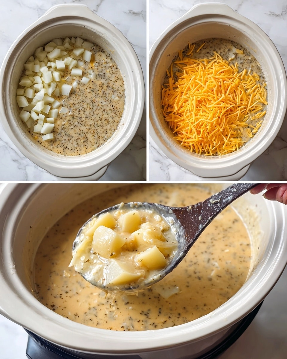 The image shows a white slow cooker filled with layers of soup ingredients on a white marbled surface. The first layer is diced white potatoes mixed with a clear, light brown broth speckled with black pepper and herbs, filling the cooker halfway. In the next stage, a woman's hand pours a creamy white liquid into the cooker, blending with the potato and broth mixture. Then shredded orange cheddar cheese is added in a thick layer on top. The final stage shows a thick, creamy light tan soup with visible soft potato chunks being lifted by a dark ladle from the cooker, showing a smooth and rich texture. Photo taken with an iphone --ar 4:5 --v 7