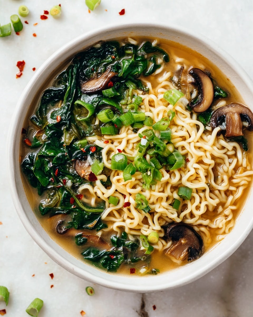 A white bowl filled with wavy pale yellow noodles, dark green cooked spinach, and brown mushroom slices in light brown broth, topped with finely chopped bright green spring onions, all placed on a white marbled surface scattered with small green onion pieces and red flakes. photo taken with an iphone --ar 4:5 --v 7