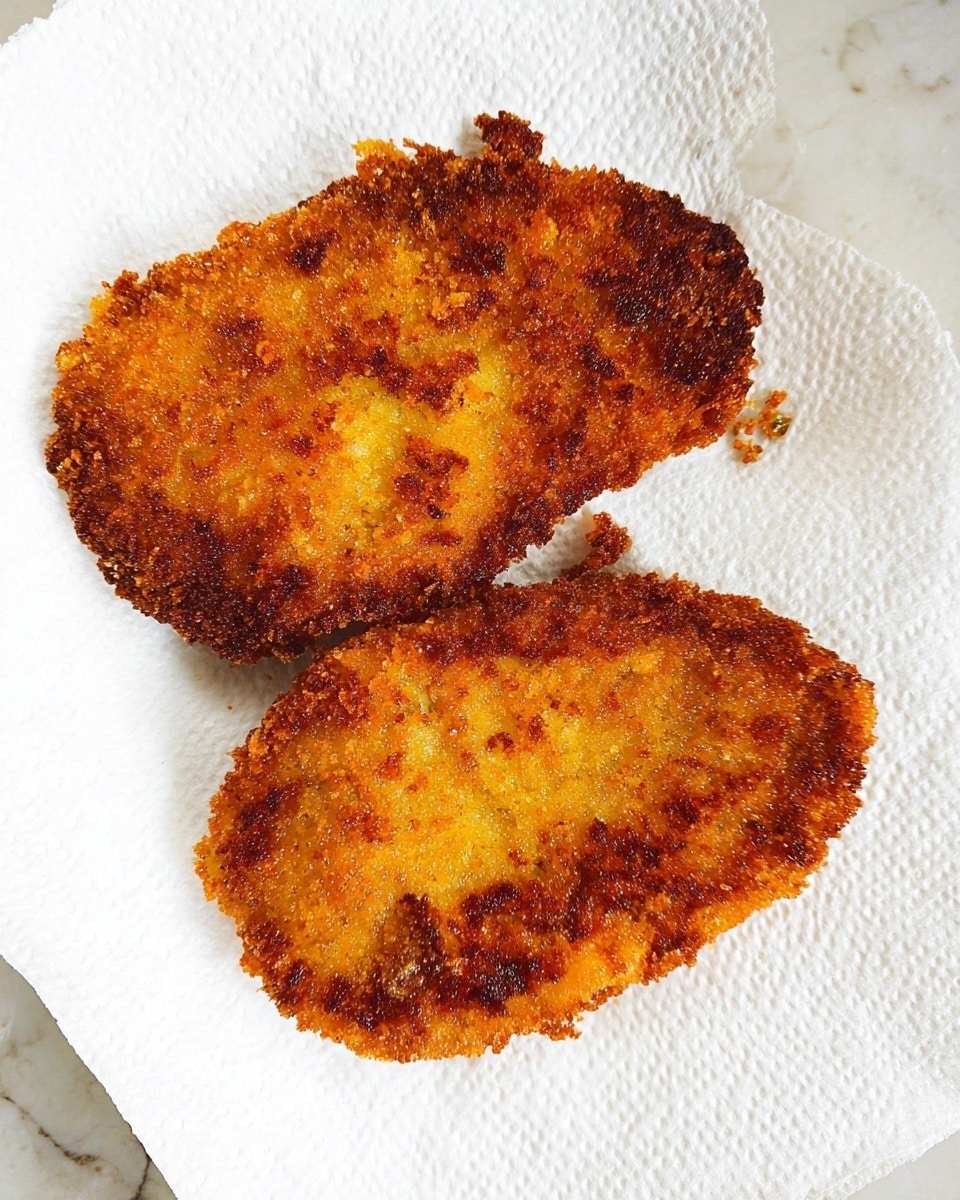 Two golden-brown fried cutlets with a crunchy texture are placed on a white paper towel that absorbs excess oil. The cutlets have uneven, crispy edges with darker brown spots indicating a well-fried crust. They rest flat on the paper towel, which lies on a white marbled surface. Photo taken with an iphone --ar 4:5 --v 7