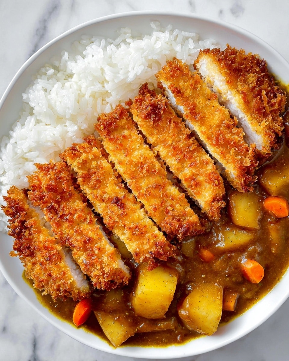 A white plate holds three main layers of food. On the left side, there is a layer of white, fluffy rice with long grains. On the right side, there is a thick, brown curry sauce with glossy texture, containing chunks of yellow potatoes and orange carrots. On top of the rice and partly covering the curry, there are seven slices of crispy, golden brown breaded fried chicken arranged side by side, showing a crunchy texture with some darker and lighter spots. The edges of the chicken slices are rough and crumbly. The whole dish sits on a white marbled surface. photo taken with an iphone --ar 4:5 --v 7
