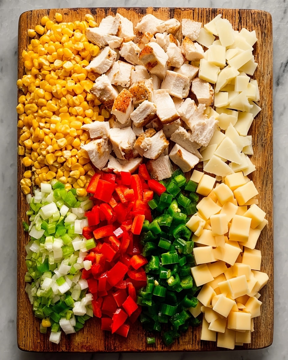 The image shows six neat rows of chopped ingredients placed on a wooden cutting board over a white marbled surface. From left to right, first is a layer of bright yellow corn kernels, next is a row of white cooked chicken pieces with light brown grill marks, followed by small red diced bell peppers. Next to them are chopped green onions with light green and white rings, then dark green small chopped jalapeños, and lastly, a row of pale yellow cubed cheese. The arrangement is clean, colorful, and organized, showing a good mix of textures and colors. photo taken with an iphone --ar 4:5 --v 7