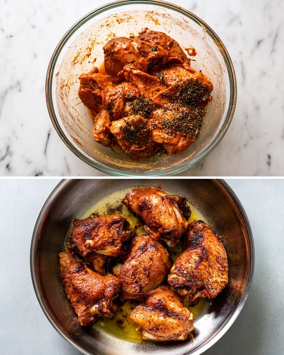 The first image shows a glass bowl on a white marbled surface filled with raw chicken pieces coated in a reddish-orange marinade with visible black pepper and herbs, the texture is wet and uneven. The second image shows five cooked chicken pieces with crispy, golden-brown, and slightly charred skin in a shiny stainless steel pan with some oil, the chicken pieces are evenly spaced and have a textured, roasted appearance. Photo taken with an iphone --ar 4:5 --v 7