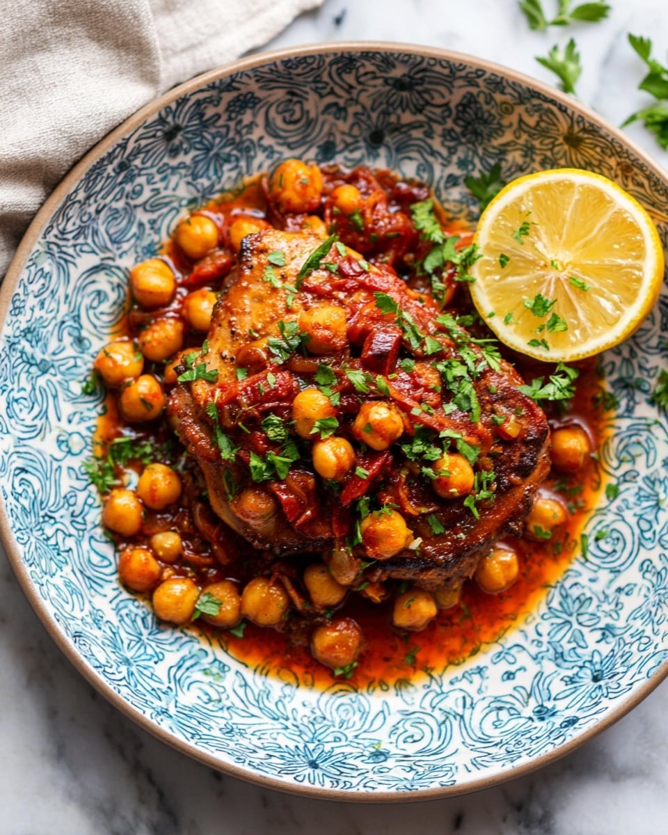 A white plate with blue flower and swirl patterns holds a piece of cooked chicken topped with a thick red sauce made of chickpeas and chunks of cooked red onion. A round slice of lemon with green herb leaves rests on the top right side of the dish. The chickpeas are golden and mixed throughout with chopped green parsley sprinkled on top, adding freshness and color contrast. The chicken looks browned and tender, with some sauce pooling around it. The plate sits on a white marbled surface with a soft cloth corner visible nearby. photo taken with an iphone --ar 4:5 --v 7