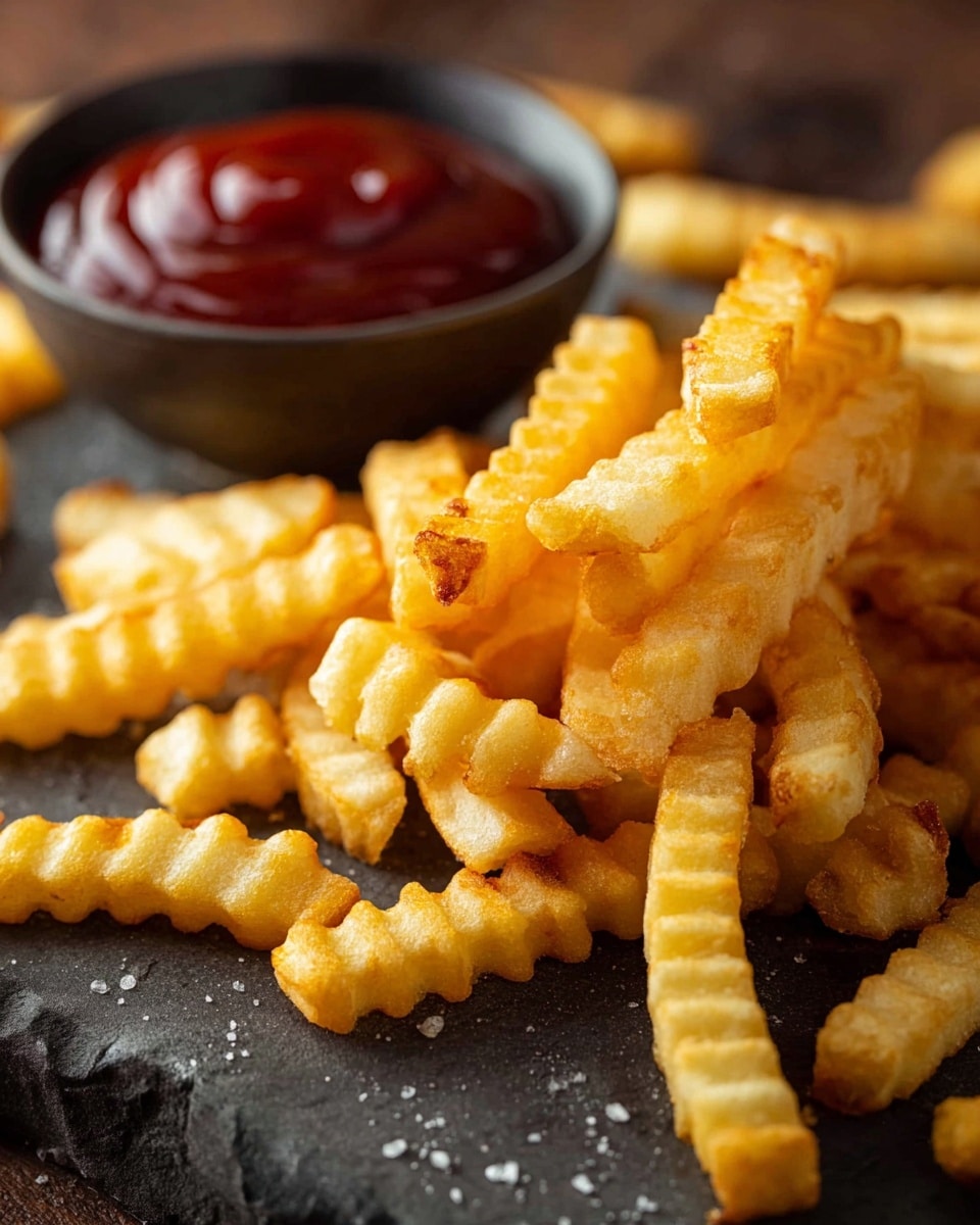 The image shows a close-up of many crinkle-cut fries piled together, each fry golden yellow with a light crispy texture and slight browning on some edges. They sit on a dark stone board with some scattered crumbs visible. Behind the fries, there is a small dark round bowl filled with thick red ketchup that looks smooth and glossy. The background has a warm wooden texture blurred out, making the fries and ketchup the clear focus. photo taken with an iphone --ar 4:5 --v 7