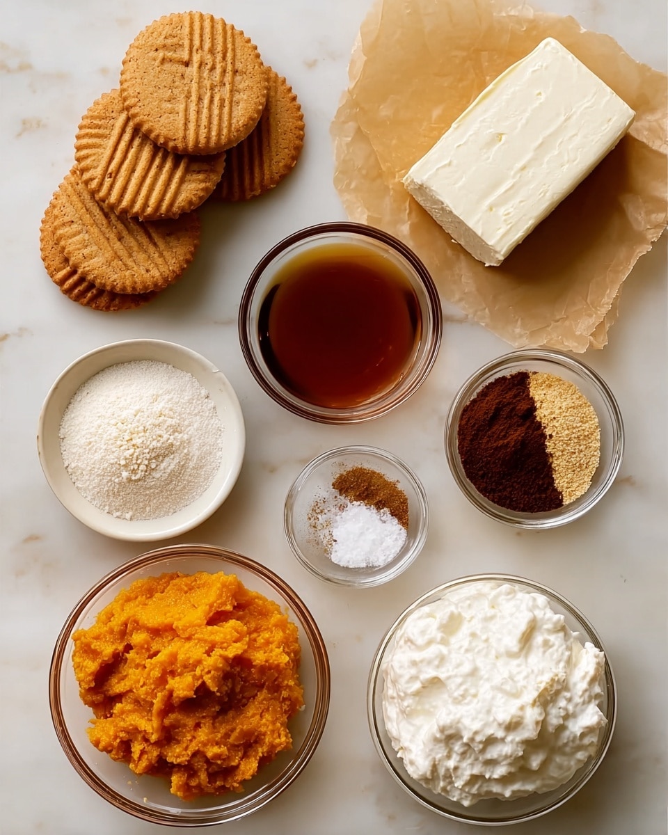 The image shows ingredients neatly arranged on a white marbled surface. There are five light brown cookies with ridged patterns stacked and leaning on each other at the top left. Below the cookies, a small clear bowl holds a dark amber liquid. To the right of the liquid is a round white bowl with three spices: white granules on the left, dark brown powder on the right, and a smaller cinnamon-colored powder below the darker one. At the top right is a large block of cream-colored soft cheese on brown paper. Below that, a clear bowl contains bright orange pumpkin puree with a slightly chunky texture. To the left of the pumpkin puree is a bowl filled with fine white powder, and below that is a bowl of dense, dark brown sugar. On the bottom right, there is a bowl filled with fluffy white whipped cream. Photo taken with an iphone --ar 4:5 --v 7