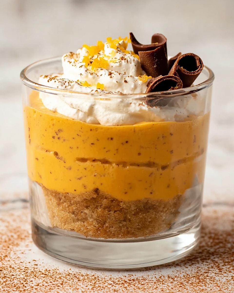 A clear glass cup shows a three-layer dessert. The bottom layer is a slightly crumbly, light brown crust. Above it is a thick, smooth, and creamy orange layer with small specks. The top layer is whipped white cream, placed on one side of the dessert with some orange zest sprinkled over it. Two dark brown cinnamon sticks and two curled chocolate pieces are placed on top of the white cream. The dessert sits on a white marbled surface with a light sprinkle of brown powder around the glass. photo taken with an iphone --ar 4:5 --v 7