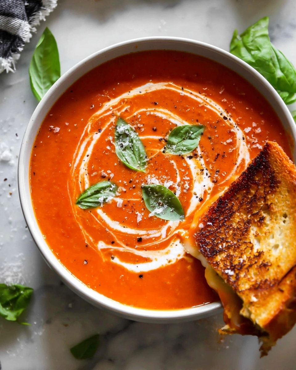 Tomato and Roasted Red Pepper Soup Recipe 5 A white bowl filled with thick, smooth orange-red tomato soup, topped with a swirl of cream creating a white spiral pattern on the surface. Three green basil leaves are placed on top, adding a fresh touch, and black pepper is sprinkled lightly across the soup. A toasted grilled cheese sandwich piece with a crispy golden-brown crust and melted cheese inside is dipped into the soup on the right side of the bowl. The bowl sits on a white marbled surface, with additional basil leaves and salt flakes scattered nearby. photo taken with an iphone --ar 4:5 --v 7