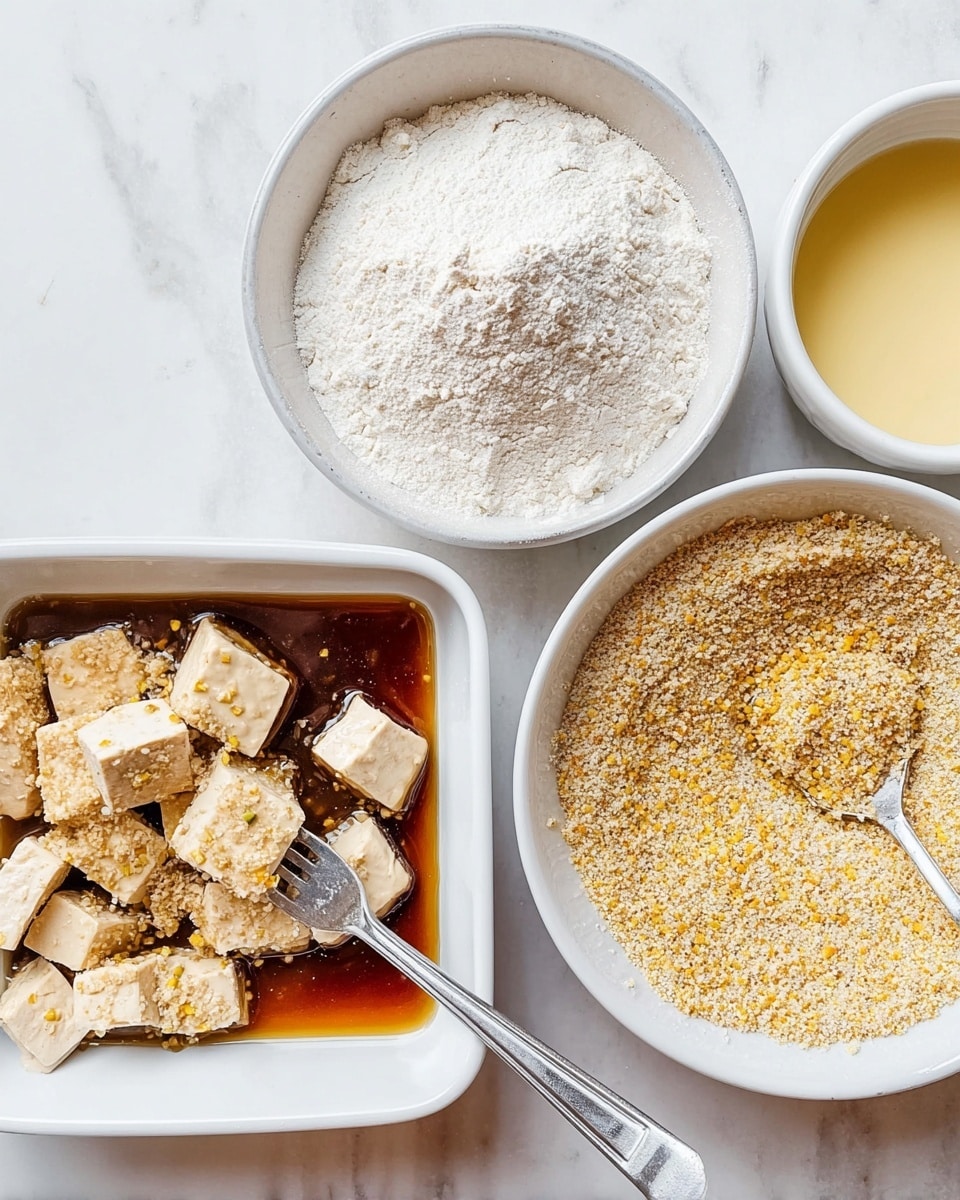 The image shows four white dishes on a white marbled surface. The bottom left dish is a square white baking dish filled with broken pieces of light beige tofu soaking in a dark amber liquid, with a silver fork resting inside. Above it is a round white bowl filled with white flour. To the right of the flour is a round white bowl with a pale yellow liquid mixed with some powder. Below that is a round white bowl full of light brown breadcrumbs with yellow specks, with a silver fork lifting some of the breadcrumbs. Photo taken with an iphone --ar 4:5 --v 7