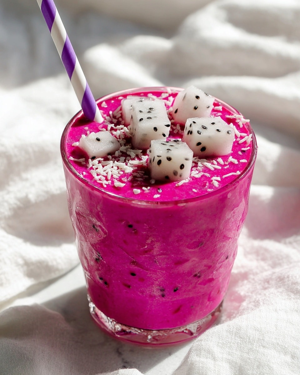 A clear textured glass filled with a bright pink smoothie topped with small white dragon fruit cubes that have black seeds and white shredded coconut sprinkled on top, with a purple and white striped straw inserted on the left side, all placed on a white marbled surface with soft white fabric blurred in the background, bright natural lighting casting soft shadows photo taken with an iphone --ar 4:5 --v 7