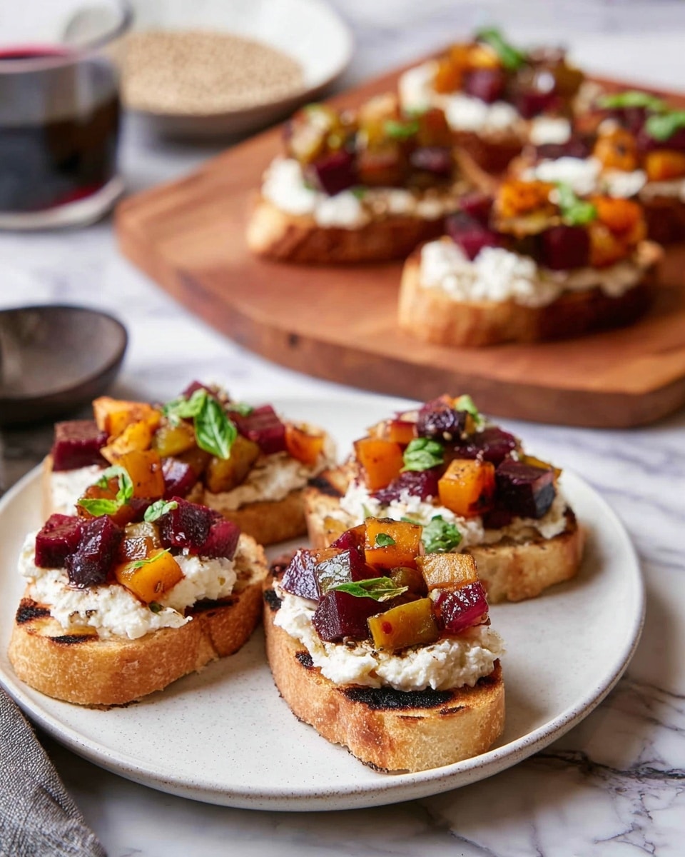 The image shows four toasted bread slices on a white plate, each with three layers: the bottom layer is golden-brown grilled bread with a slight char, the middle layer is a thick spread of creamy white cheese, and the top layer consists of small cubes of roasted vegetables in deep red and orange colors, garnished with small green basil leaves. In the background, more similar toasts rest on a wooden board, with a small bowl of seeds and a glass container of dark liquid to the side, all placed on a white marbled surface. Photo taken with an iphone --ar 4:5 --v 7