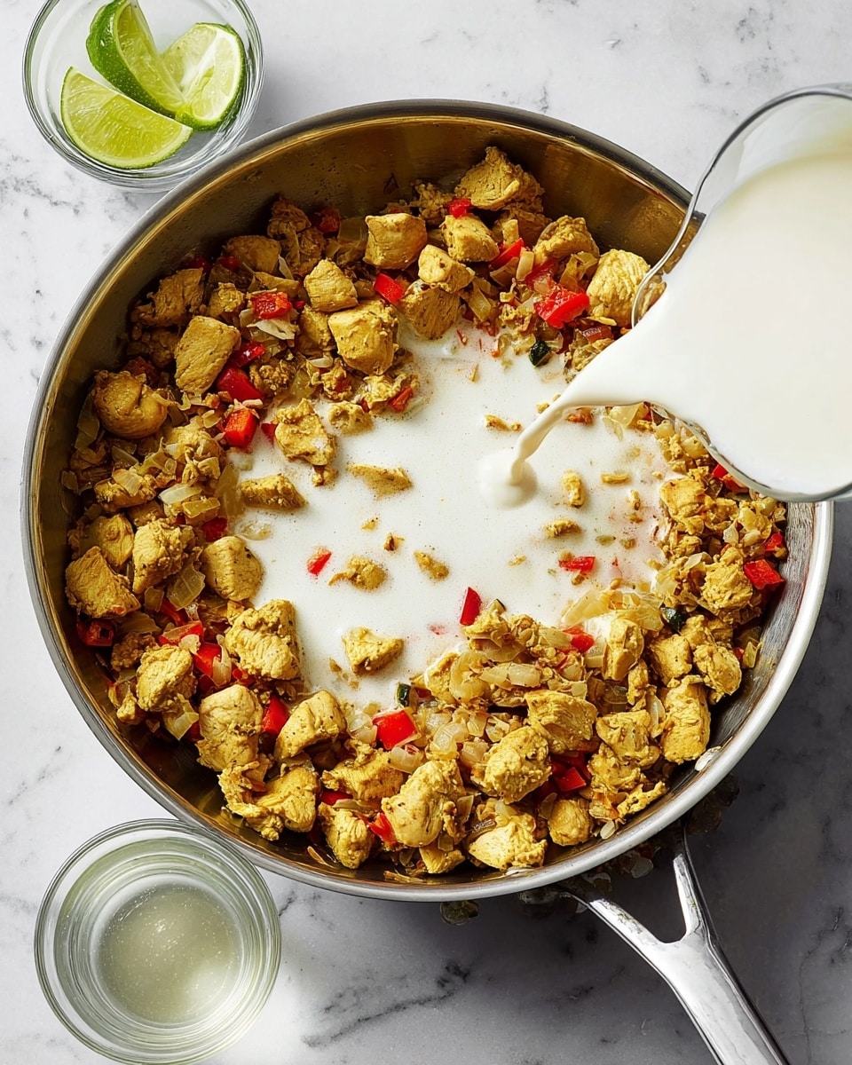 A shiny silver pan filled with cooked small chunks of yellowish-brown chicken mixed with finely chopped light brown onions and small red bell pepper pieces, spread evenly inside the pan. A thick white liquid, likely cream or coconut milk, is being poured from a white container over the chicken and vegetable mixture in the center, creating a soft swirling effect. The pan rests on a white marbled surface, with a small glass bowl containing a clear liquid and a lime wedge placed nearby. Photo taken with an iphone --ar 4:5 --v 7