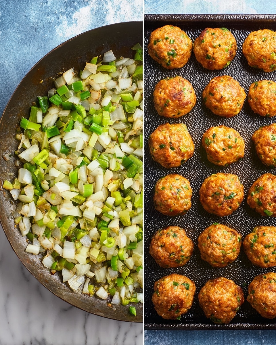 The image shows two side-by-side photos: the left side has a dark metal pan with diced white and light green vegetables, likely onions and green peppers, scattered inside; the pan rests on a white marbled surface with blue tones. The right side displays a dark textured tray filled with round, orange-brown meatballs that have small bits of green and white vegetables mixed in, arranged in neat rows covering the entire tray. Photo taken with an iphone --ar 4:5 --v 7