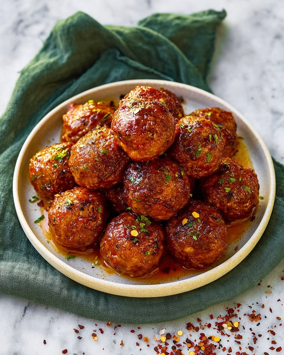A white round plate holds about thirteen glossy meatballs coated in a shiny reddish-brown sauce, stacked slightly on top of each other in the center. The meatballs have a textured surface with green and yellow herbs sprinkled on them. The plate is placed on a white marbled surface scattered with crushed red pepper flakes, and a loosely folded green cloth is tucked behind the plate. Photo taken with an iphone --ar 4:5 --v 7