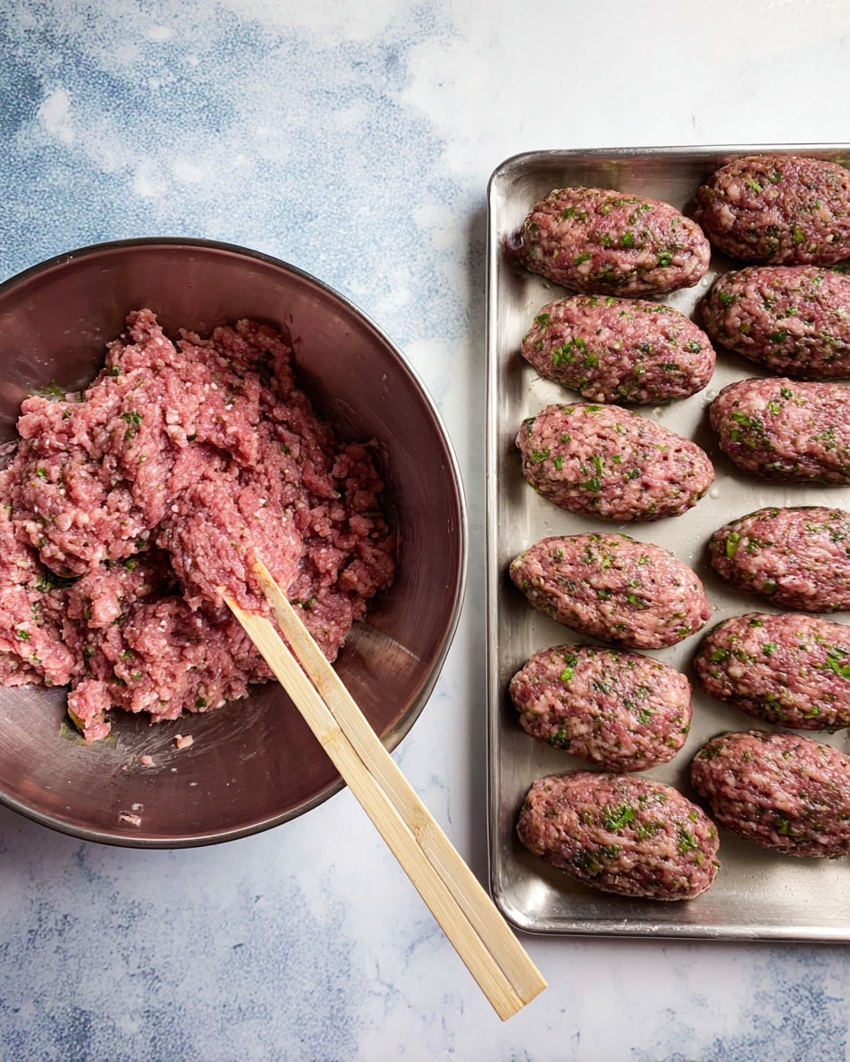 The image is divided into two parts: on the left, a silver metal bowl holds mixed ground meat colored pink with specks of green herbs and white bits, showing a soft, rough texture. On the right, there is a silver tray with twelve raw meat patties shaped in oval forms, each molded around wooden skewers. The patties are similar in color to the mix in the bowl, pink with green spots and some white pieces visible. The background is a white marbled texture that contrasts with the metal bowl and tray, giving a clean appearance. photo taken with an iphone --ar 4:5 --v 7