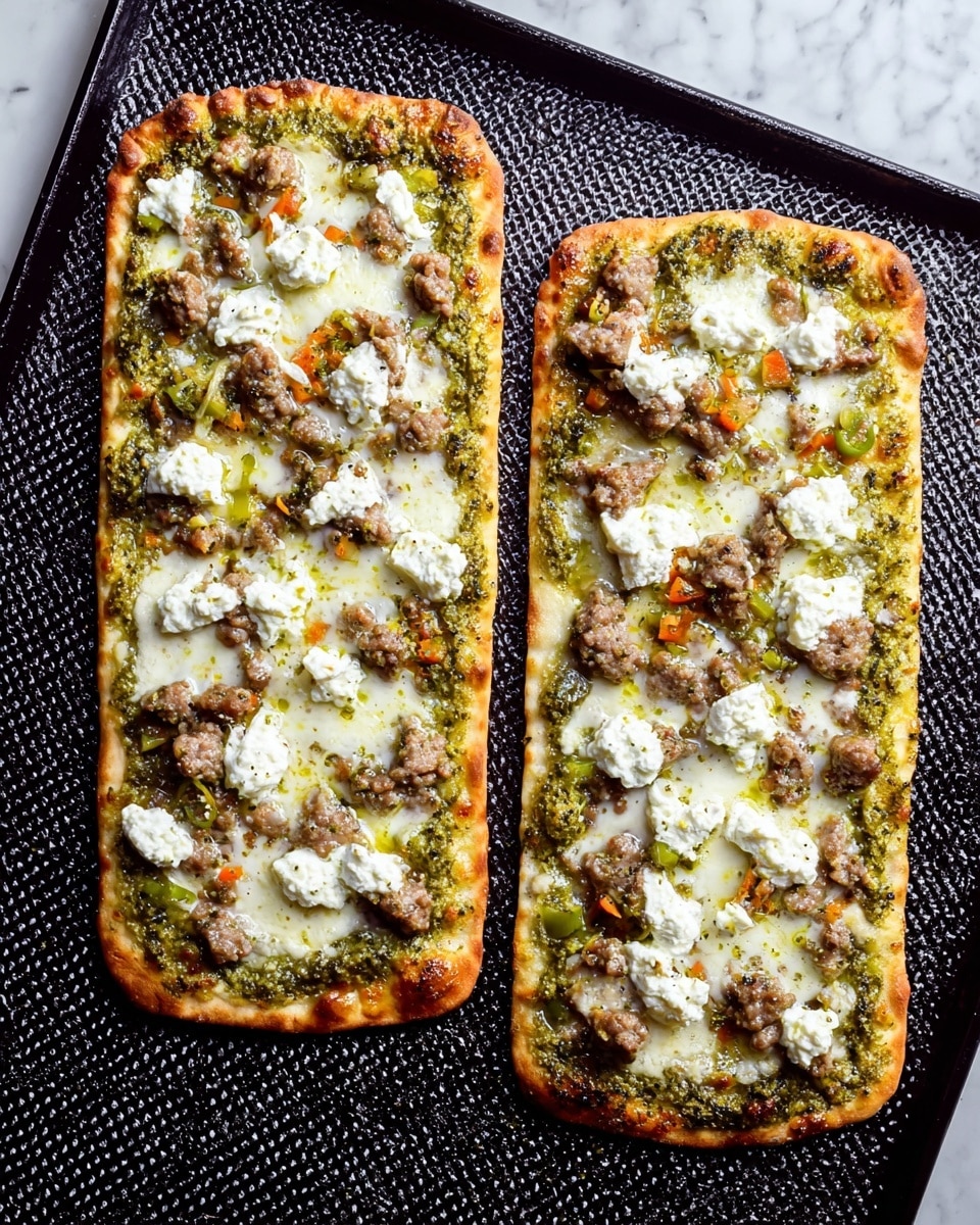 Two rectangular flatbreads with crispy golden-brown crusts are topped with layers of green pesto sauce spread evenly over the surface. Scattered on top are chunks of light brown sausage meat, melted white mozzarella cheese in small pools, and dollops of soft white ricotta cheese. Small pieces of green vegetables and tiny bits of orange carrot are mixed in across the flatbreads. The flatbreads sit side by side on a black textured baking tray against a white marbled background. photo taken with an iphone --ar 4:5 --v 7