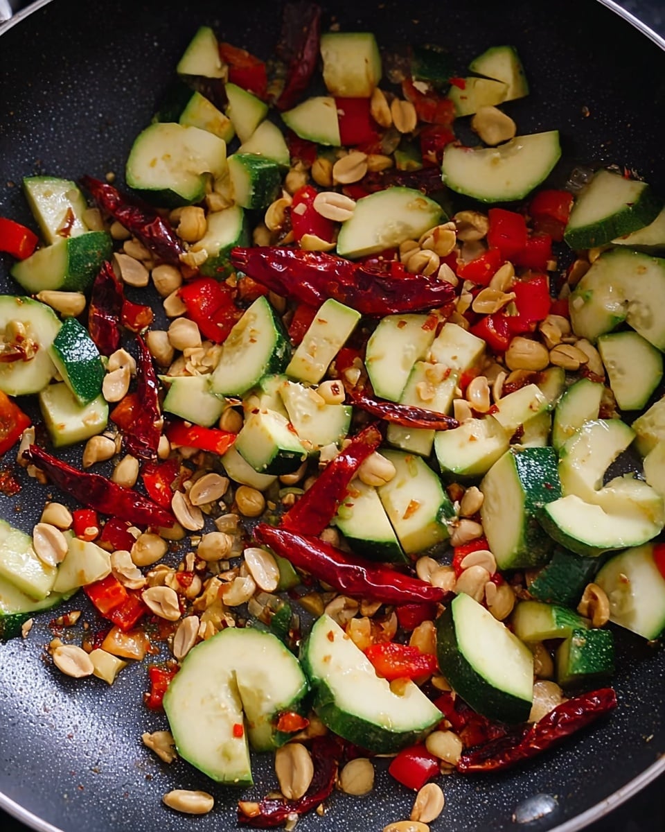 The image shows a frying pan with chopped green zucchini pieces, red bell pepper chunks, dry red chili peppers, and roasted peanuts all mixed together. The zucchini is cut into half-moon shapes with green edges and pale insides, sitting near the middle and right of the pan. Bright red pepper pieces spread throughout add bursts of color, while the long dried red chili peppers are scattered in different places. The roasted peanuts are golden-brown and unevenly spread over the vegetables. The pan has a dark non-stick surface visible underneath the ingredients. The photo taken with an iphone --ar 4:5 --v 7