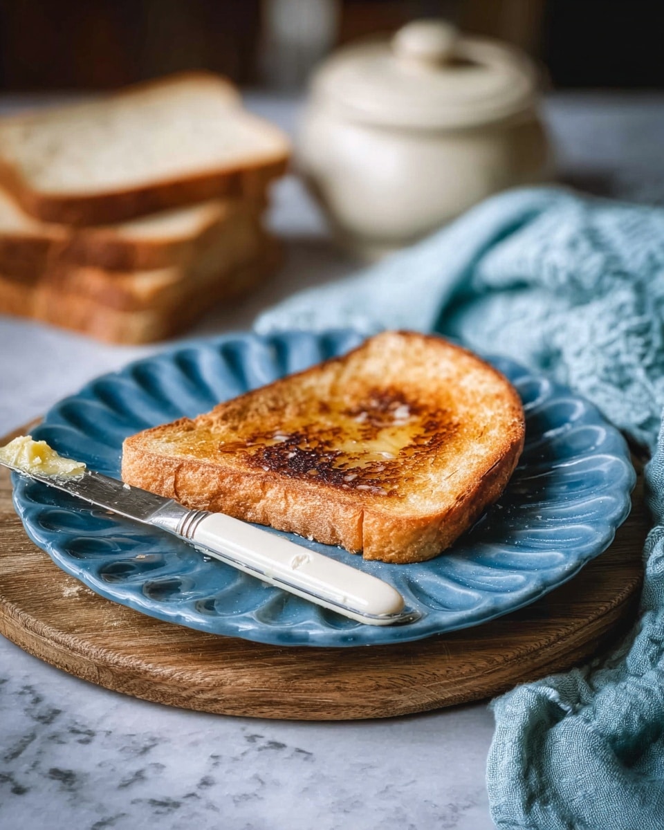 A single toasted sandwich slice folded in half lies on a blue scalloped plate. The bread is golden brown with dark toasted spots and has a shiny layer of melted butter on top. Next to the toast is a butter knife with a white handle resting on the plate edge, smeared with some butter. Behind the plate are two slices of plain bread stacked on each other, and a white butter dish with a lid sits in the blurred background. A loosely folded light blue cloth adds texture to the bottom right corner. All of these objects rest on a thick wooden board placed on a white marbled surface. Photo taken with an iphone --ar 4:5 --v 7