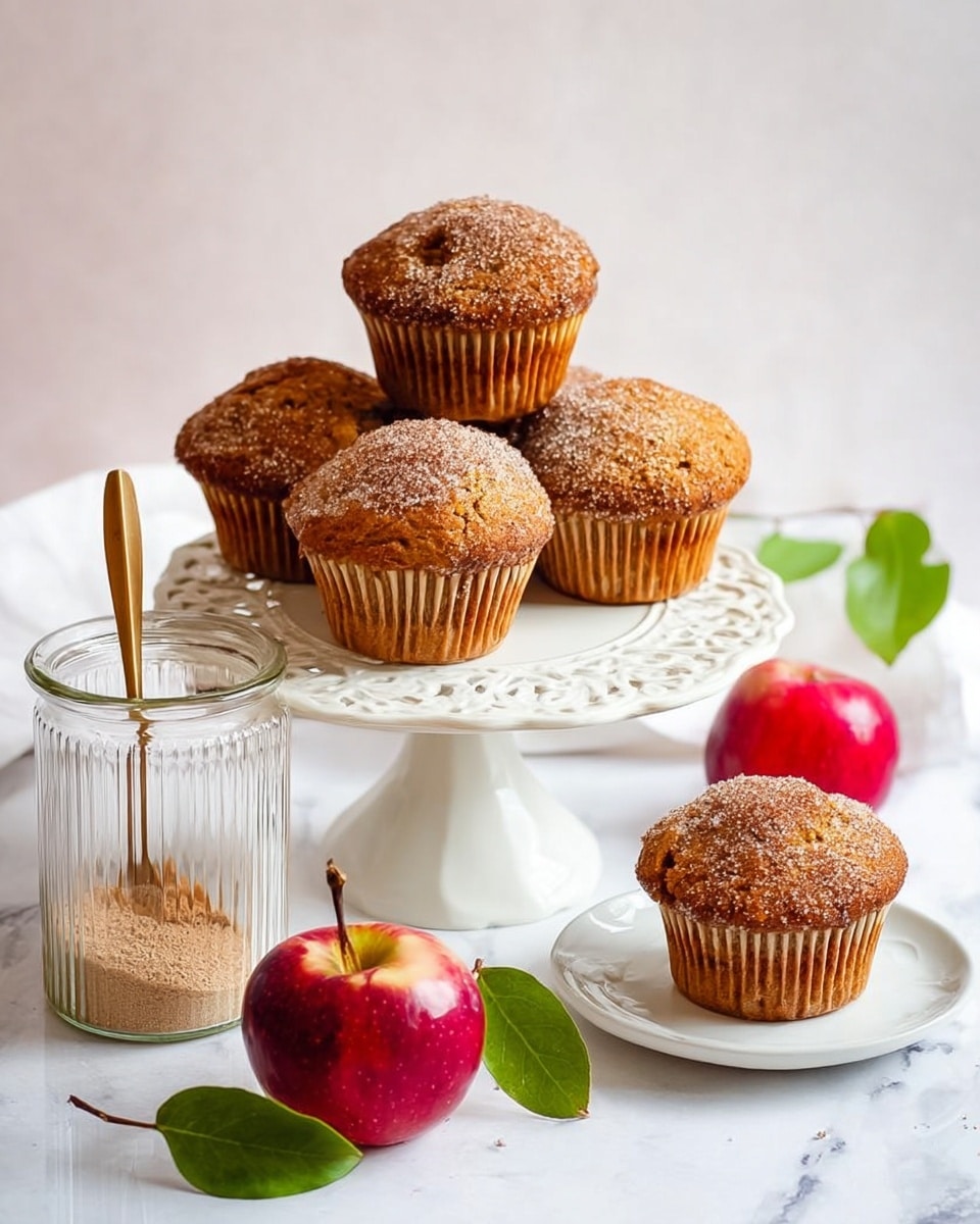The image shows five golden brown muffins with a sugar coating on top, arranged on a white cake stand with a delicate pattern on its edge. One muffin is placed on top of three others, forming a small pyramid in the center, while another muffin sits on a small white plate to the right. There is a whole red small apple with a stem and two green leaves near the plate, and one apple is cut in half showing its light inner flesh and seeds. To the left, there is a clear ribbed glass jar with a golden spoon inside, containing a light brown powder. The whole scene is set on a white marbled surface with soft natural light, creating a fresh and inviting look photo taken with an iphone --ar 4:5 --v 7