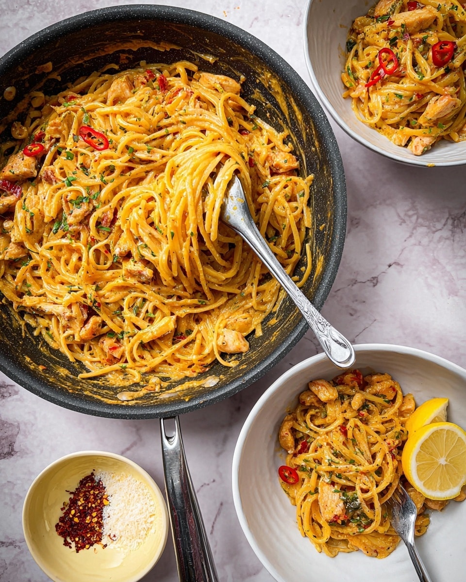 The image shows a large black pan filled with a creamy orange pasta mixed with small pieces of cooked chicken, red chili slices, and sprinkled green herbs, with a metal spatula lifting a twisted bundle of pasta from the pan. Around the pan, there are two white bowls each holding a portion of the same creamy pasta dish, one with a silver fork resting inside and a lemon wedge on the side. Near the bottom left is a small pale yellow bowl containing a mixture of grated cheese and red chili flakes. All of this is placed on a white marbled surface. photo taken with an iphone --ar 4:5 --v 7