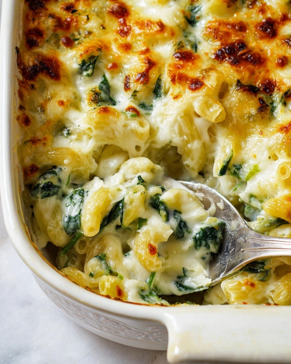 A close-up of a baked pasta dish in a white casserole dish with a slightly browned, melted cheese layer on top showing patches of golden yellow and light brown. Below the cheese is a creamy, pale sauce mixed with small green spinach leaves spread evenly throughout the dish. The pasta used is elbow macaroni, visible under the sauce and cheese, with some pieces slightly shiny and soft. There is a silver spoon placed inside the dish, partly scooping some pasta, reflecting light and showing texture on the handle. The background surface is a white marbled texture with soft natural light. photo taken with an iphone --ar 4:5 --v 7