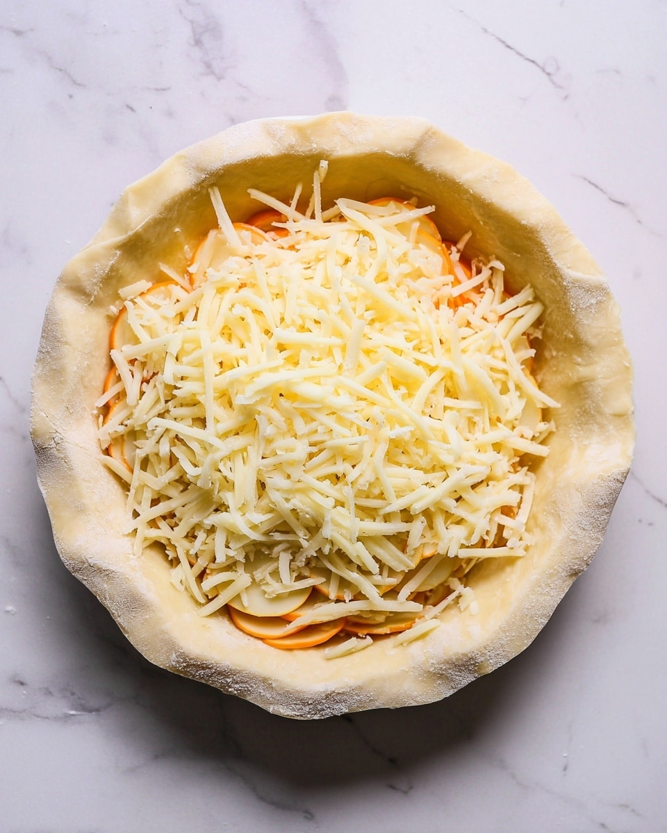 A round pie crust with its edges folded over sits on a white marbled surface. Inside the crust, there are two layers of thinly sliced vegetables: a layer of pale yellow slices at the bottom and a layer of orange slices on top. Over the vegetables, there is a layer of white shredded cheese scattered unevenly. The crust looks soft and slightly floury, and the colors of the vegetables and cheese contrast with the light dough. photo taken with an iphone --ar 4:5 --v 7