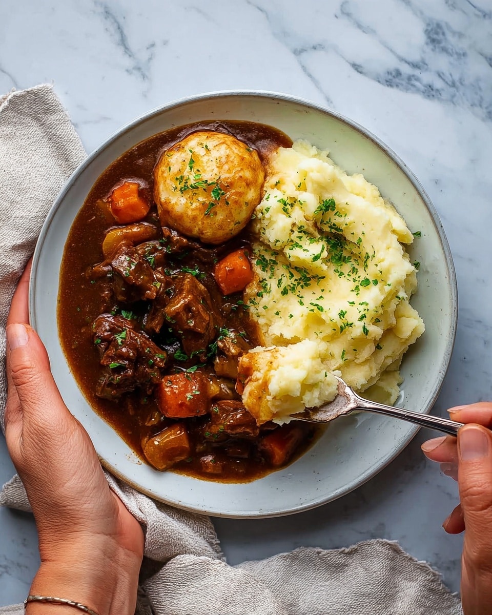 A white plate holds two main layers: on the left, a thick brown stew with chunks of dark brown meat and orange carrot pieces in a rich sauce, topped with a single round, lightly browned dumpling sprinkled with green herbs; on the right, a generous scoop of creamy mashed potatoes with a smooth, slightly fluffy texture, covered with chopped green herbs and a bit of melted butter. A woman's hand holds the plate on the left side, and another woman's hand uses a silver fork to scoop the mashed potatoes on the right. The plate rests on a white marbled surface with a light cloth nearby. Photo taken with an iphone --ar 4:5 --v 7