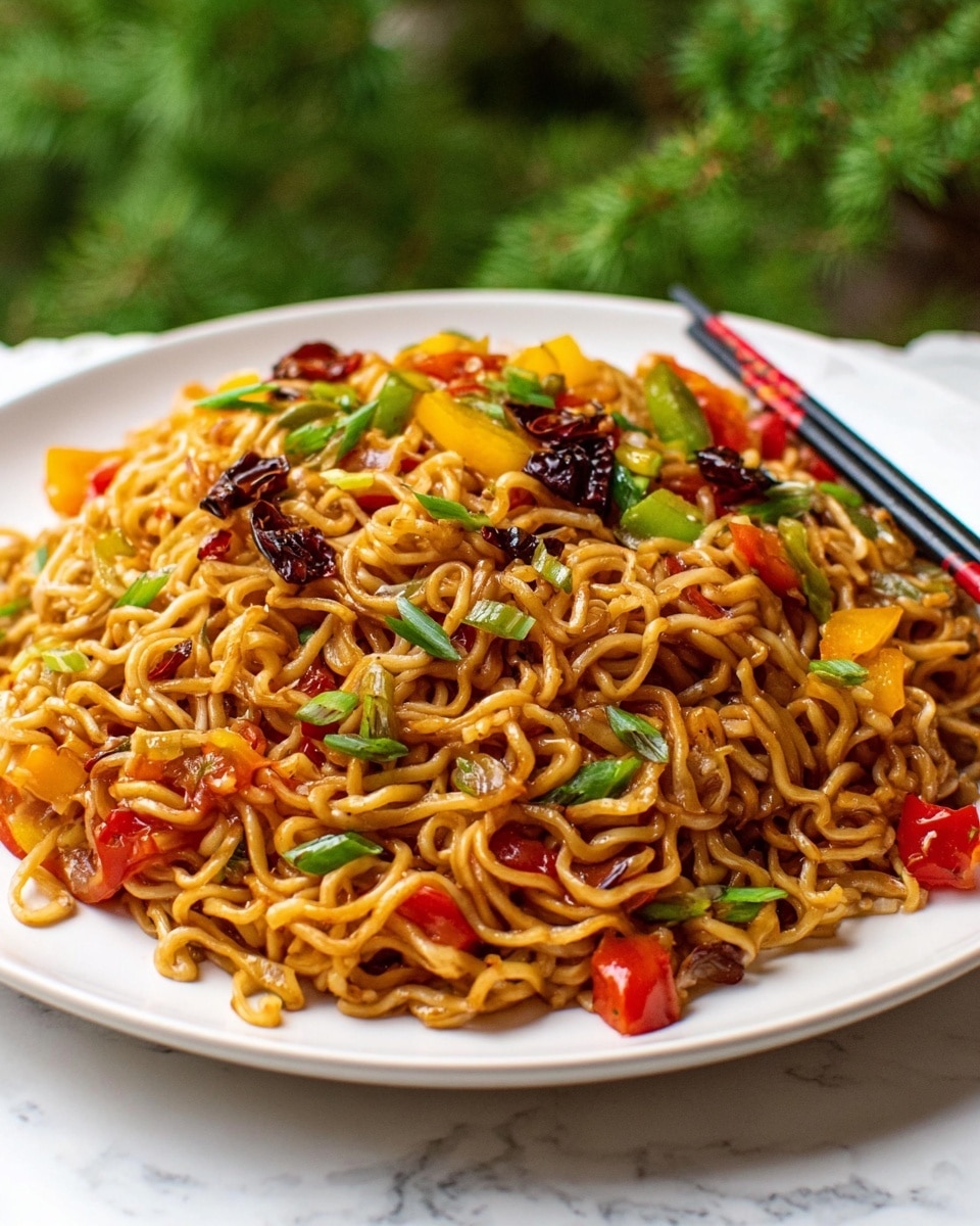 A white plate filled with a heap of cooked curly noodles mixed with chopped red and yellow bell peppers, green onions, and small dark red spicy chili pieces scattered on top. The noodles are a light brown color, shiny with sauce, and the vegetables add bright splashes of red, yellow, and green throughout. A pair of black and red chopsticks is gently holding some of the noodles on the right side of the plate. The background shows blurred green plants, and the plate is set on a white marbled surface. Photo taken with an iphone --ar 4:5 --v 7
