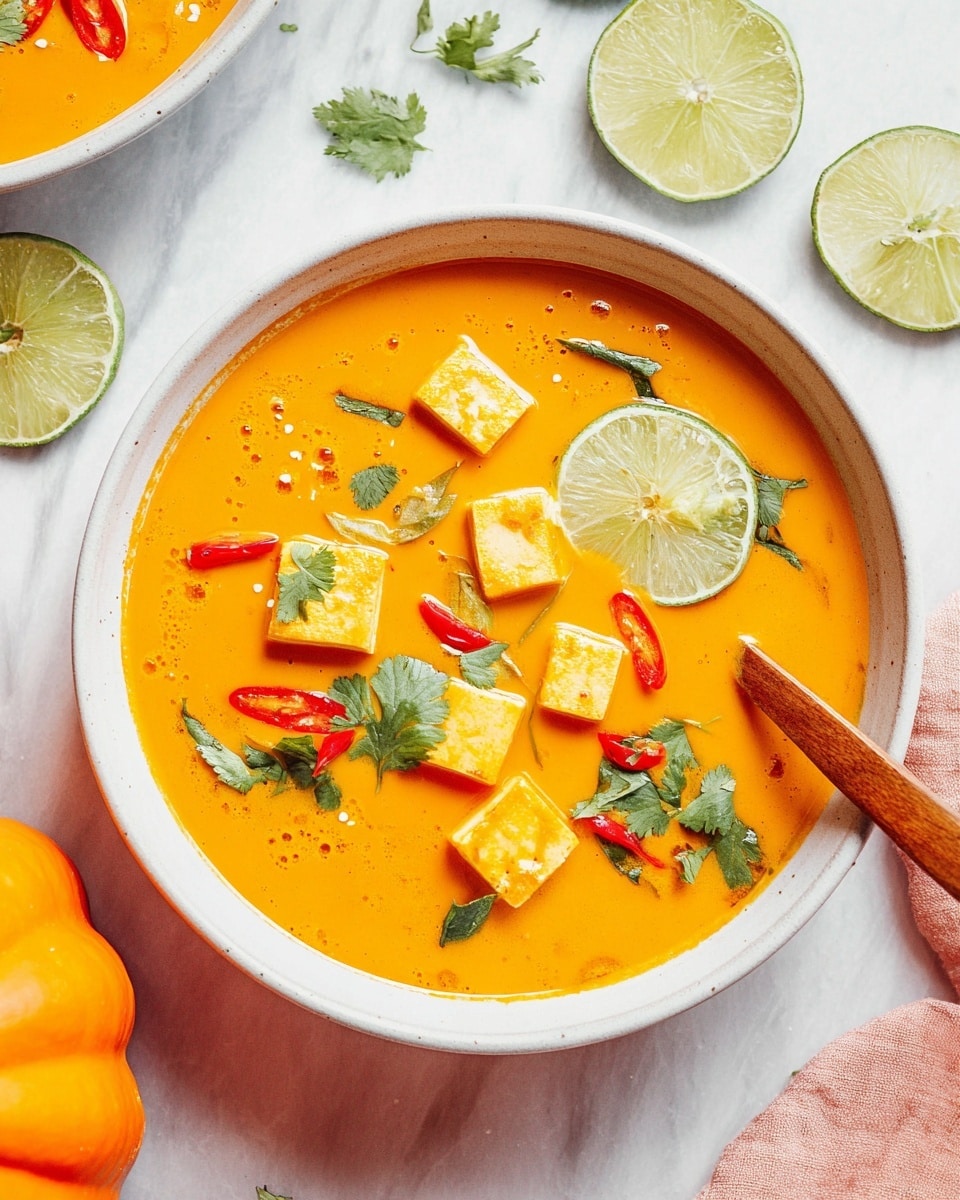 A white bowl filled with bright orange soup that has a smooth and creamy texture layers the dish, with several cubes of pale yellow tofu floating on top. Scattered green cilantro leaves and thin red chili strips add contrast across the surface. Two lime wedges rest inside the soup near the bowl's edge showing a pale green flesh. A wooden spoon leans against the bowl, partially immersed in the soup. Around the bowl on a white marbled textured surface are extra lime wedges cut in half, some with darker green skin and some pale, along with part of a pumpkin visible at the corner. Photo taken with an iphone --ar 4:5 --v 7