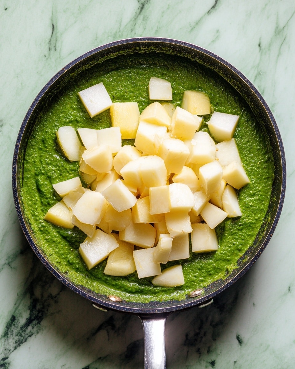 A close-up of a black pan filled with two layers of food, placed on a white marbled texture. The bottom layer is a thick, smooth green sauce with a slightly rough texture. On top, there is a generous pile of pale yellow and white potato cubes, some with smooth sides and some with rough edges, evenly spread on the green sauce. The pan handle is visible and shiny, pointing to the left side. The photo taken with an iphone --ar 4:5 --v 7