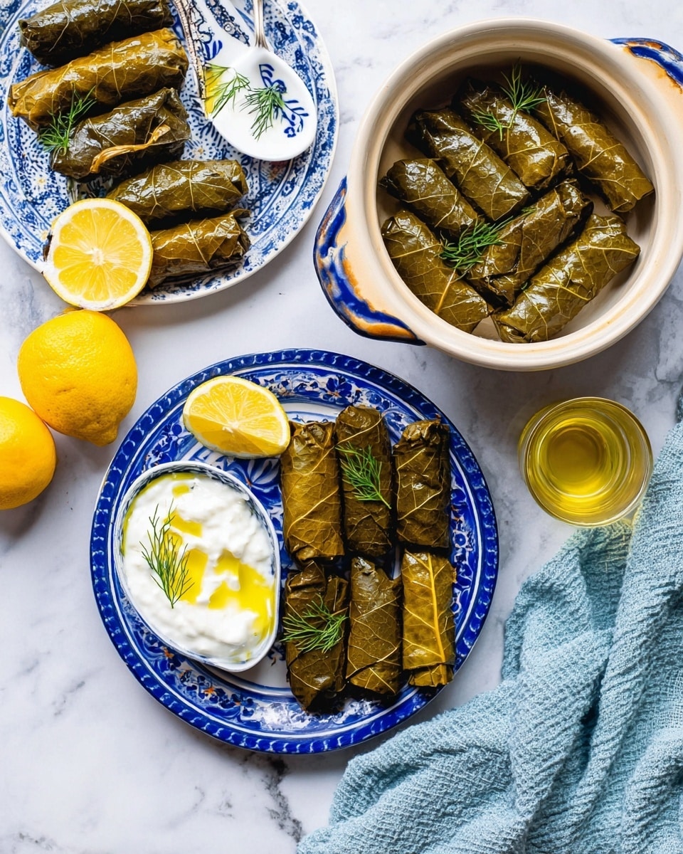 The image shows tightly rolled grape leaves stuffed with a filling, arranged on a patterned blue and white plate with a slice of yellow lemon on the side and a small white bowl filled with creamy white yogurt sauce topped with a drizzle of olive oil and a green herb, the bowl contains a small matching white spoon with blue decoration. Nearby, a round white pot with two handles holds several stuffed grape leaves garnished with small green dill sprigs. Next to the pot, there is a clear glass container with a yellow liquid, likely oil or sauce. On the left side, a white plate with a blue rim holds more stuffed grape leaves and another yellow lemon half. A light blue textured cloth is partially visible at the bottom right corner, and the entire scene is set on a white marbled surface. photo taken with an iphone --ar 4:5 --v 7