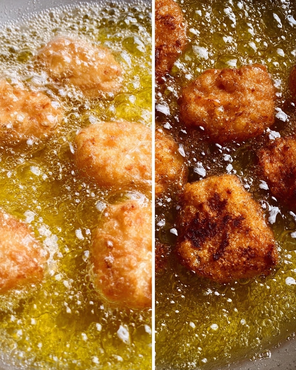 The image shows two close-up views of small pieces of battered food frying in the oil of a metal pan. On the left, the pieces are lighter in color, pale pink with some yellow batter edges, floating in bubbling yellow oil. On the right, the pieces are darker brown and crispy with spots of char, still frying in the bubbling oil, showing texture from the bubbles and the crunchy batter. The background is a white marbled texture. photo taken with an iphone --ar 4:5 --v 7