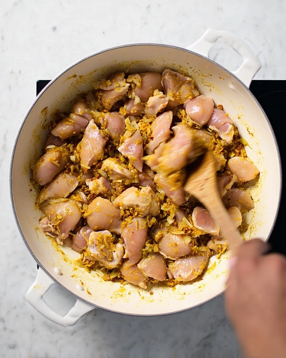 The image shows a white pan with many small pieces of raw chicken mixed with yellow spices and bits of onion scattered throughout. A woman's hand is stirring the chicken with a wooden spoon, causing some slight motion blur. The pan is on a smooth white marbled surface. The chicken pieces are pale pink with orange-yellow seasoning coating them unevenly. The pan has two short white handles on each side. Photo taken with an iphone --ar 4:5 --v 7