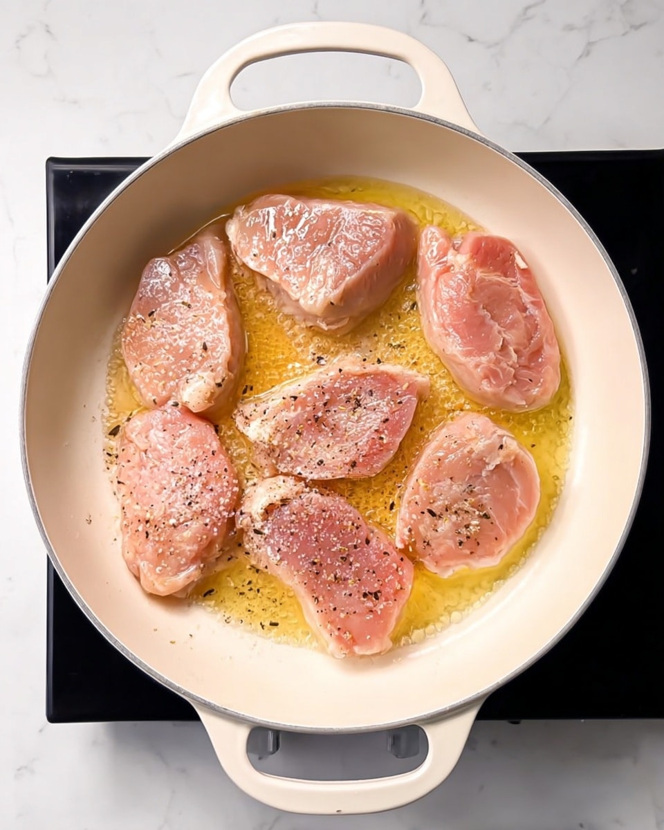 A white round pan with two handles shows six pieces of raw light pink meat, some thicker and some thinner, arranged in a loose circle inside the pan. The meat is slightly sprinkled with black pepper and white salt, sitting in melted yellowish oil that bubbles gently across the surface. The pan is placed on a black stove burner, and the background surface is a white marbled texture. photo taken with an iphone --ar 4:5 --v 7