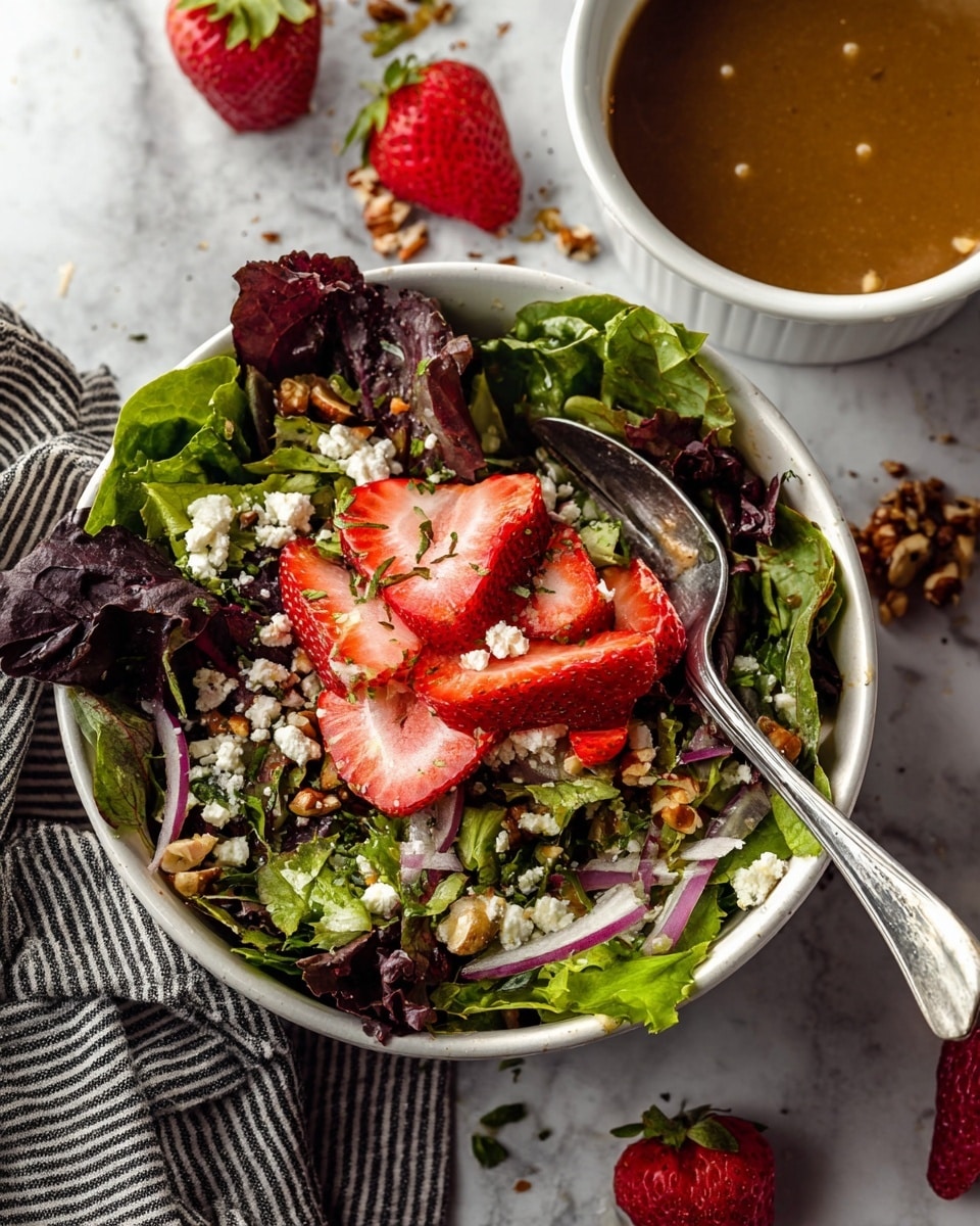 A white bowl filled with a colorful salad sits on a white marbled surface. The salad has many layers: dark red and green leafy greens form the base, topped with bright red sliced strawberries, thin slices of purple onion, crumbled white cheese, and chopped light green nuts sprinkled on top. The textures range from fresh and leafy to smooth and crumbly. A silver fork is placed inside the bowl, resting on the greens. Around the bowl are whole strawberries and scattered pieces of nuts. In the background, a second white bowl holds brown dressing with a silver spoon inside. A soft white cloth with black stripes is partly visible beside the bowls. Photo taken with an iphone --ar 4:5 --v 7