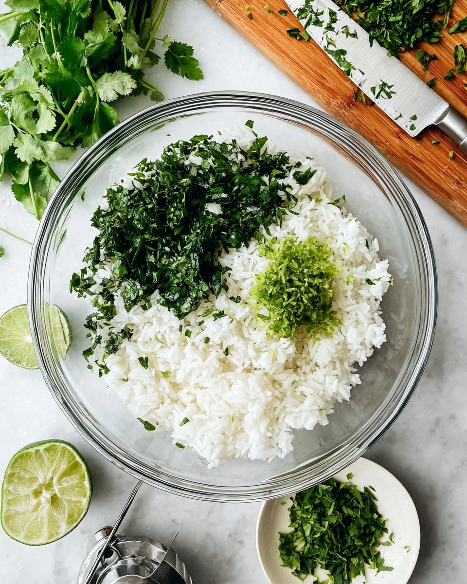 A clear glass bowl sits on a white marbled surface, filled with white rice as the base layer, topped with finely chopped dark green herbs concentrated mostly on the left side and bright green lime zest placed near the center top of the rice. Around the bowl, there is a wooden cutting board with more chopped herbs and a knife with a white handle, some fresh leafy herbs to the top left, a metal lime squeezer holding a halved lime at the bottom left, and a small white plate with extra lime zest to the bottom right. Photo taken with an iphone --ar 4:5 --v 7